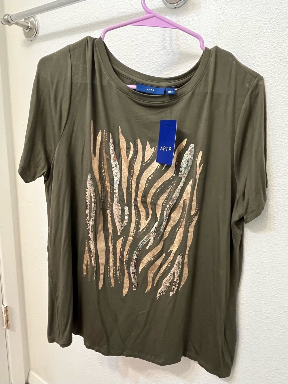 Apt. 9 Olive Short Sleeve Tee with Metallic Sequin Stripes